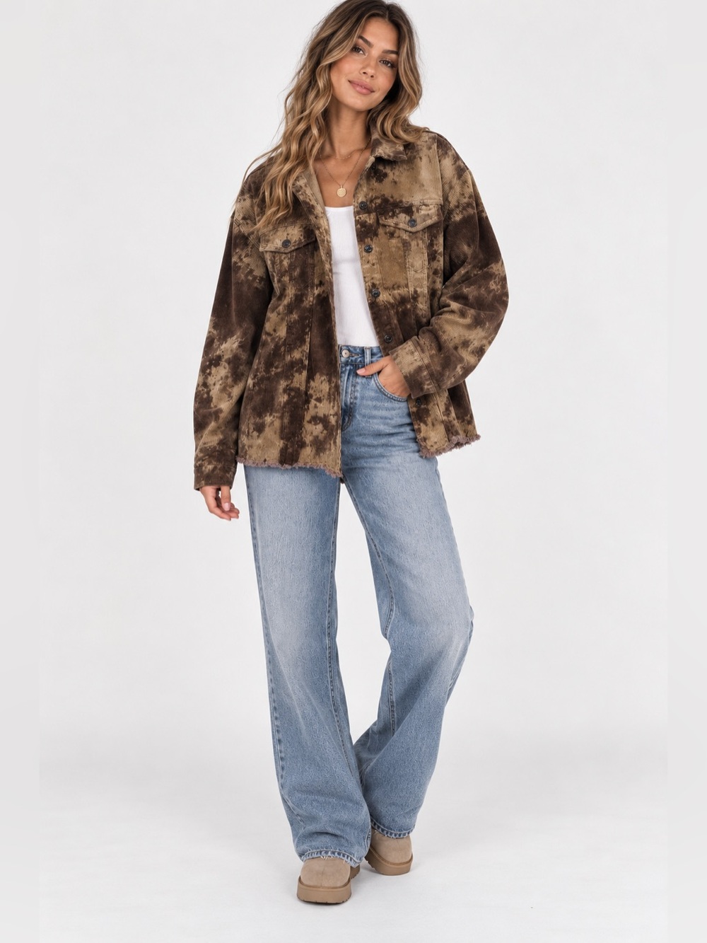ODDY M/L Brown Tie Dye Corduroy Jacket Distressed Raw Hem Shacket Boho